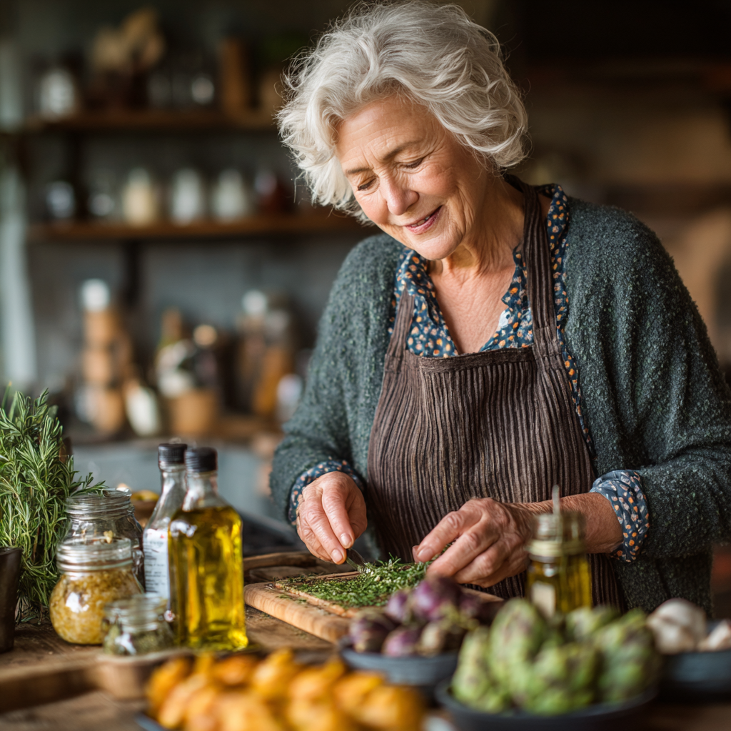 Старша жінка готує здорову їжу на кухні з посмішкою
