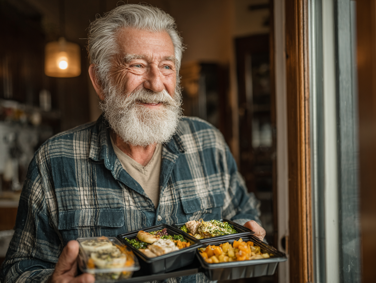 Чоловік середнього віку посміхається, тримаючи тарілку зі здоровою їжею